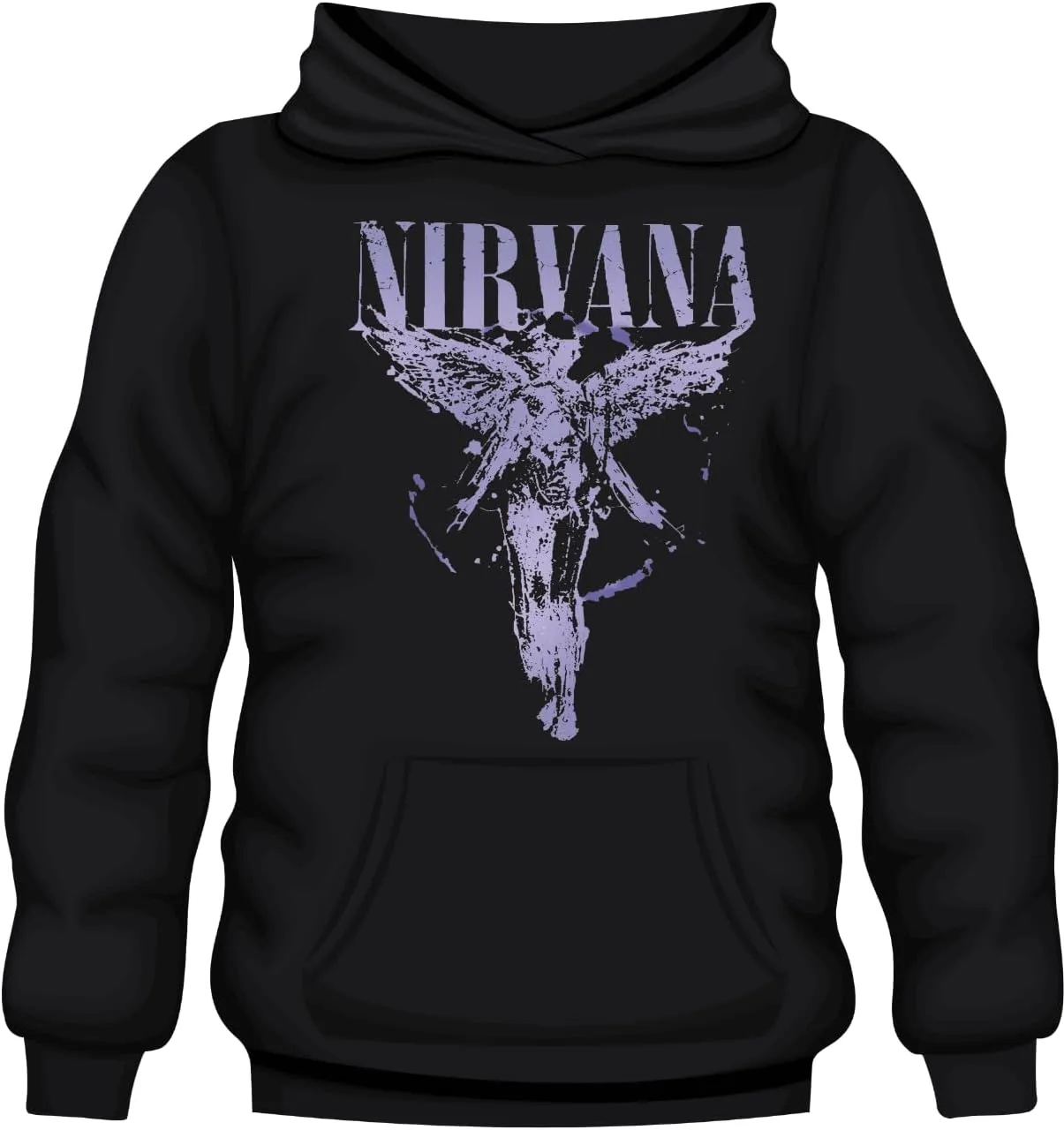 Nirvana Band Logo Pullover Hoodie, Black, Distressed Angel Design with Splatter Effect