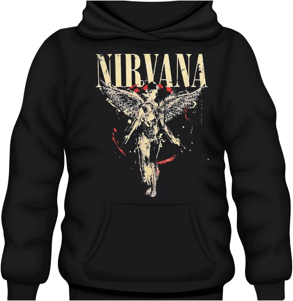 Nirvana Band Logo Pullover Hoodie, Black, Distressed Angel Design with Splatter Effect