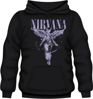 Nirvana Band Logo Pullover Hoodie, Black, Distressed Angel Design with Splatter Effect