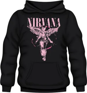 Nirvana Band Logo Pullover Hoodie, Black, Distressed Angel Design with Splatter Effect