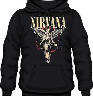 Nirvana Band Logo Pullover Hoodie, Black, Distressed Angel Design with Splatter Effect
