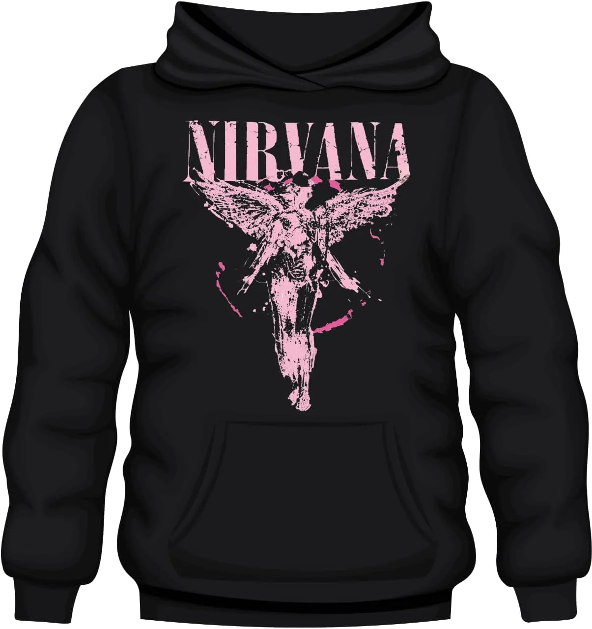 Nirvana Band Logo Pullover Hoodie, Black, Distressed Angel Design with Splatter Effect