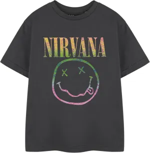 Nirvana Rainbow Kids T-Shirt | Grey Rainbow Logo Graphic Tee | Short Sleeve Unisex Shirt for Children | Rock Band