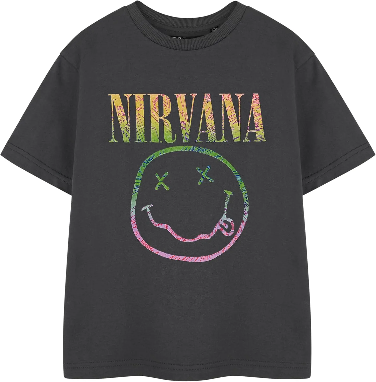 Nirvana Rainbow Kids T-Shirt | Grey Rainbow Logo Graphic Tee | Short Sleeve Unisex Shirt for Children | Rock Band