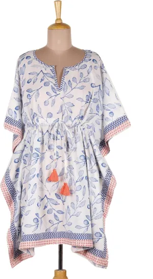 NOVICA Artisan Handmade Printed Cotton Caftan Leafthemed Drawstring Clothing Top Multicolor India Tree 'Breezy Leaves'