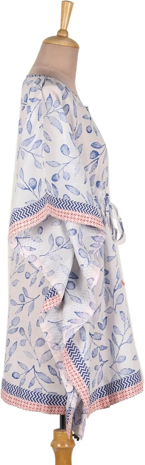 NOVICA Artisan Handmade Printed Cotton Caftan Leafthemed Drawstring Clothing Top Multicolor India Tree 'Breezy Leaves'