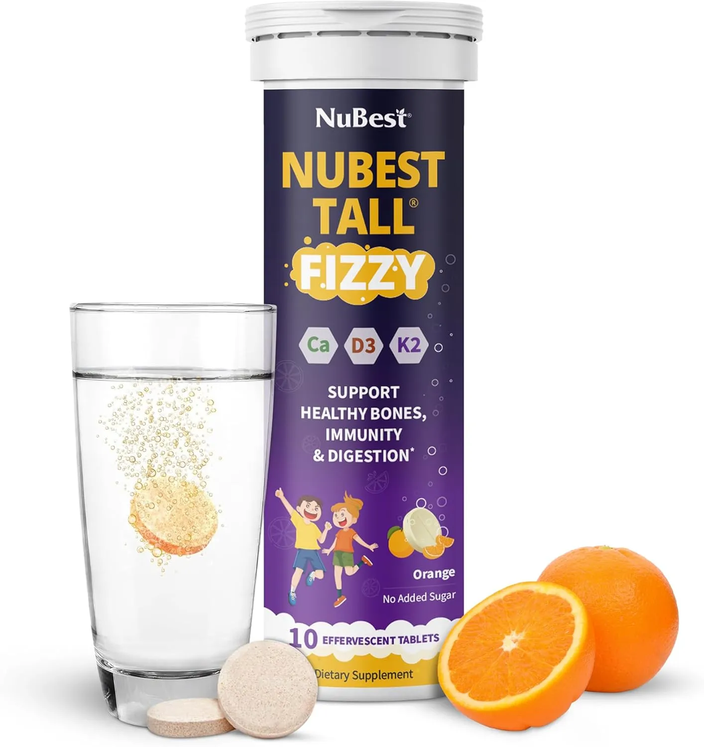 NuBest Tall Fizzy - Bone Strength, Immunity, Digestive Health for Kids & Teens | Probiotic, Calcium, Magnesium from Red Marine Algae, Vitamin D3, K2 & Zinc | 30 Orange Effervescent Tablets - Ages 4 