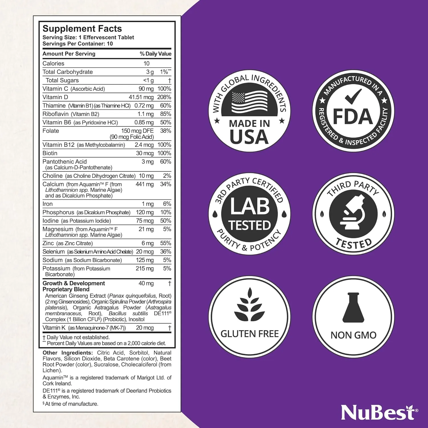 NuBest Tall Fizzy - Bone Strength, Immunity, Digestive Health for Kids & Teens | Probiotic, Calcium, Magnesium from Red Marine Algae, Vitamin D3, K2 & Zinc | 30 Orange Effervescent Tablets - Ages 4 