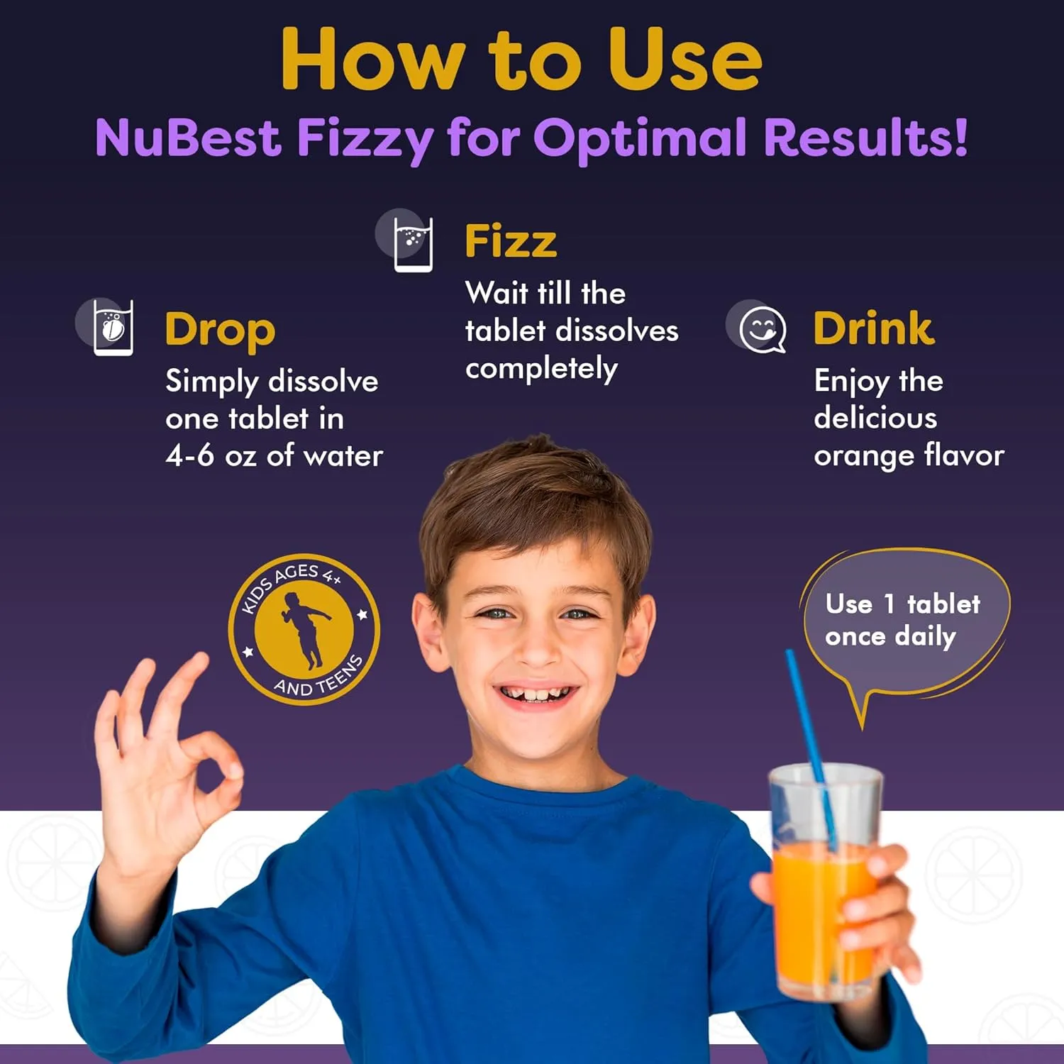 NuBest Tall Fizzy - Bone Strength, Immunity, Digestive Health for Kids & Teens | Probiotic, Calcium, Magnesium from Red Marine Algae, Vitamin D3, K2 & Zinc | 30 Orange Effervescent Tablets - Ages 4 