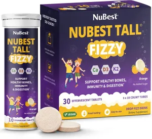 NuBest Tall Fizzy - Bone Strength, Immunity, Digestive Health for Kids & Teens | Probiotic, Calcium, Magnesium from Red Marine Algae, Vitamin D3, K2 & Zinc | 30 Orange Effervescent Tablets - Ages 4 