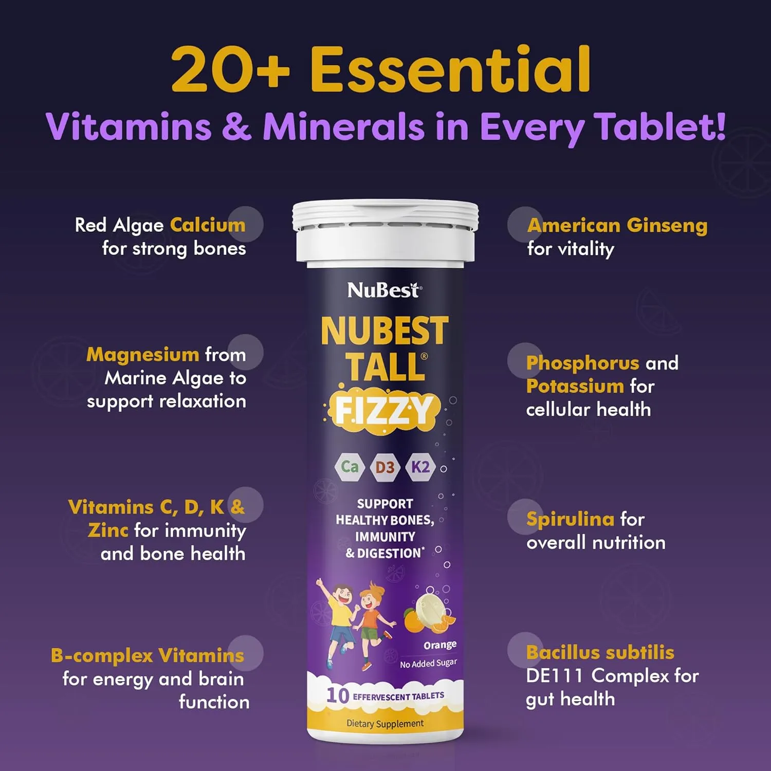 NuBest Tall Fizzy - Bone Strength, Immunity, Digestive Health for Kids & Teens | Probiotic, Calcium, Magnesium from Red Marine Algae, Vitamin D3, K2 & Zinc | 30 Orange Effervescent Tablets - Ages 4 