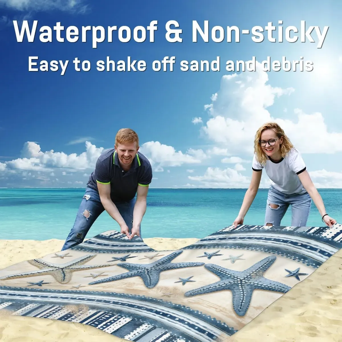 Ocean Sea Starfish Beach Blanket, Sandproof Beach Mat, 68 x 59 Waterproof Quick Drying Sand Free Mat with 4 x Ground Spikes for Outdoor Travel Camping Hiking, Summer Sea Starfish