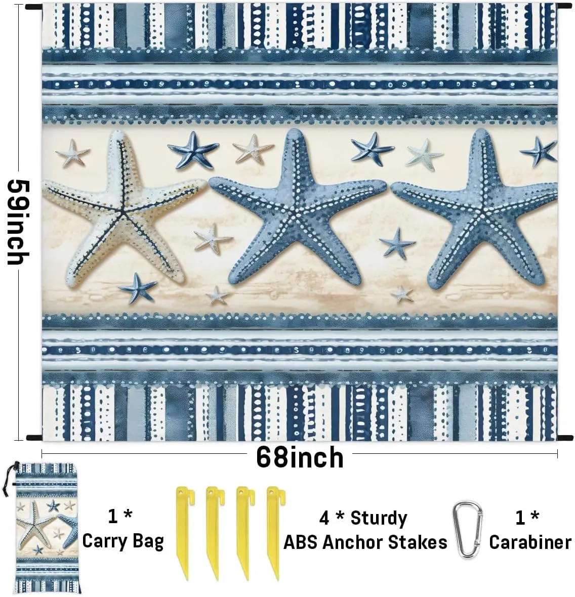 Ocean Sea Starfish Beach Blanket, Sandproof Beach Mat, 68 x 59 Waterproof Quick Drying Sand Free Mat with 4 x Ground Spikes for Outdoor Travel Camping Hiking, Summer Sea Starfish