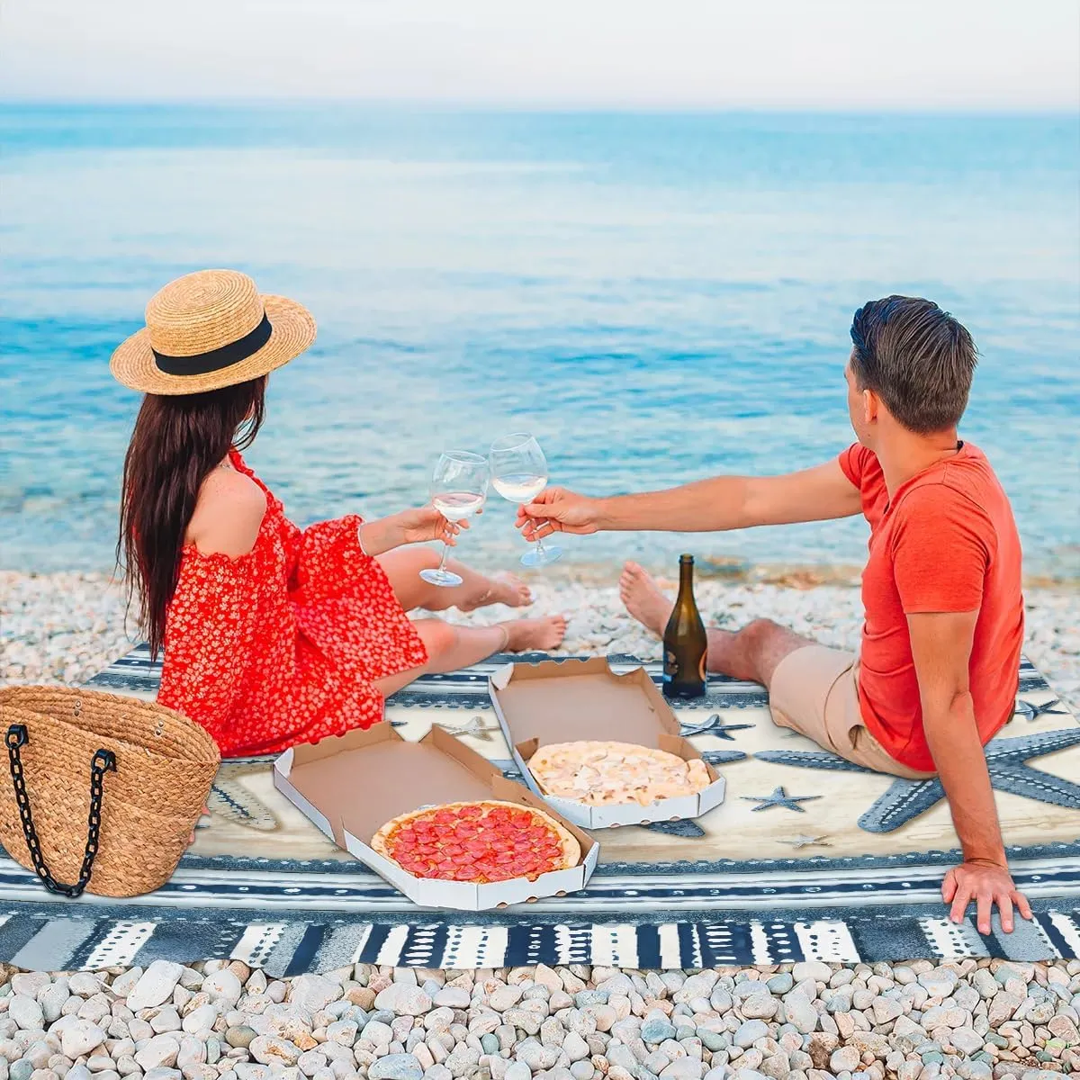Ocean Sea Starfish Beach Blanket, Sandproof Beach Mat, 68 x 59 Waterproof Quick Drying Sand Free Mat with 4 x Ground Spikes for Outdoor Travel Camping Hiking, Summer Sea Starfish