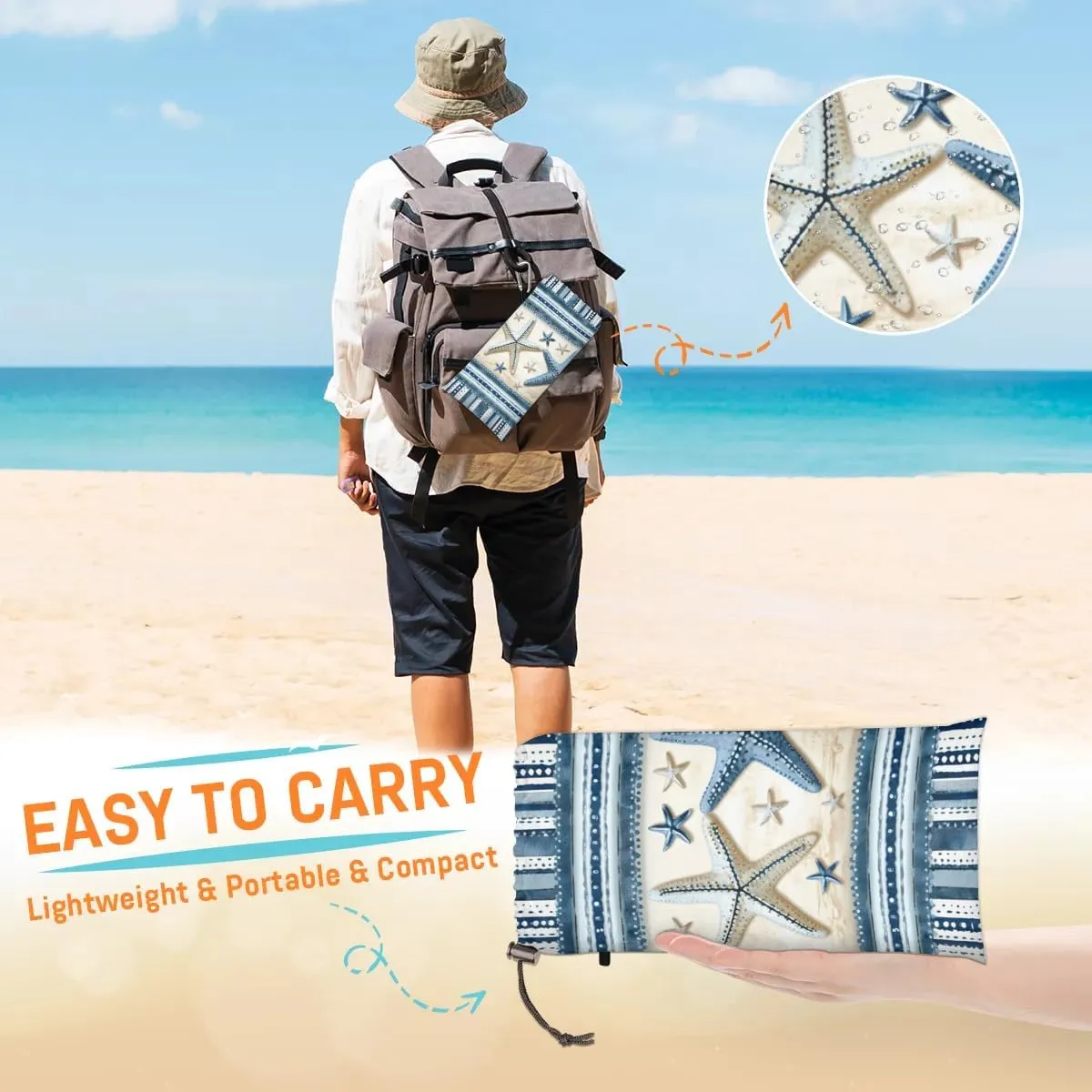 Ocean Sea Starfish Beach Blanket, Sandproof Beach Mat, 68 x 59 Waterproof Quick Drying Sand Free Mat with 4 x Ground Spikes for Outdoor Travel Camping Hiking, Summer Sea Starfish