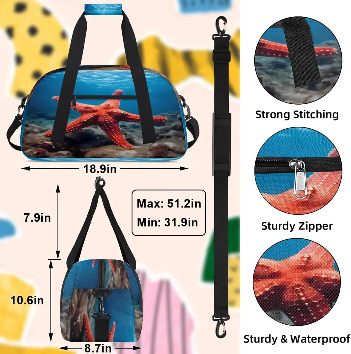 Ocean Sea Starfish Small Gym Bag 18 inch Carry On Duffel Bag for Weekender Travel Sports Workout Yoga Gymnastics Dance Ballet
