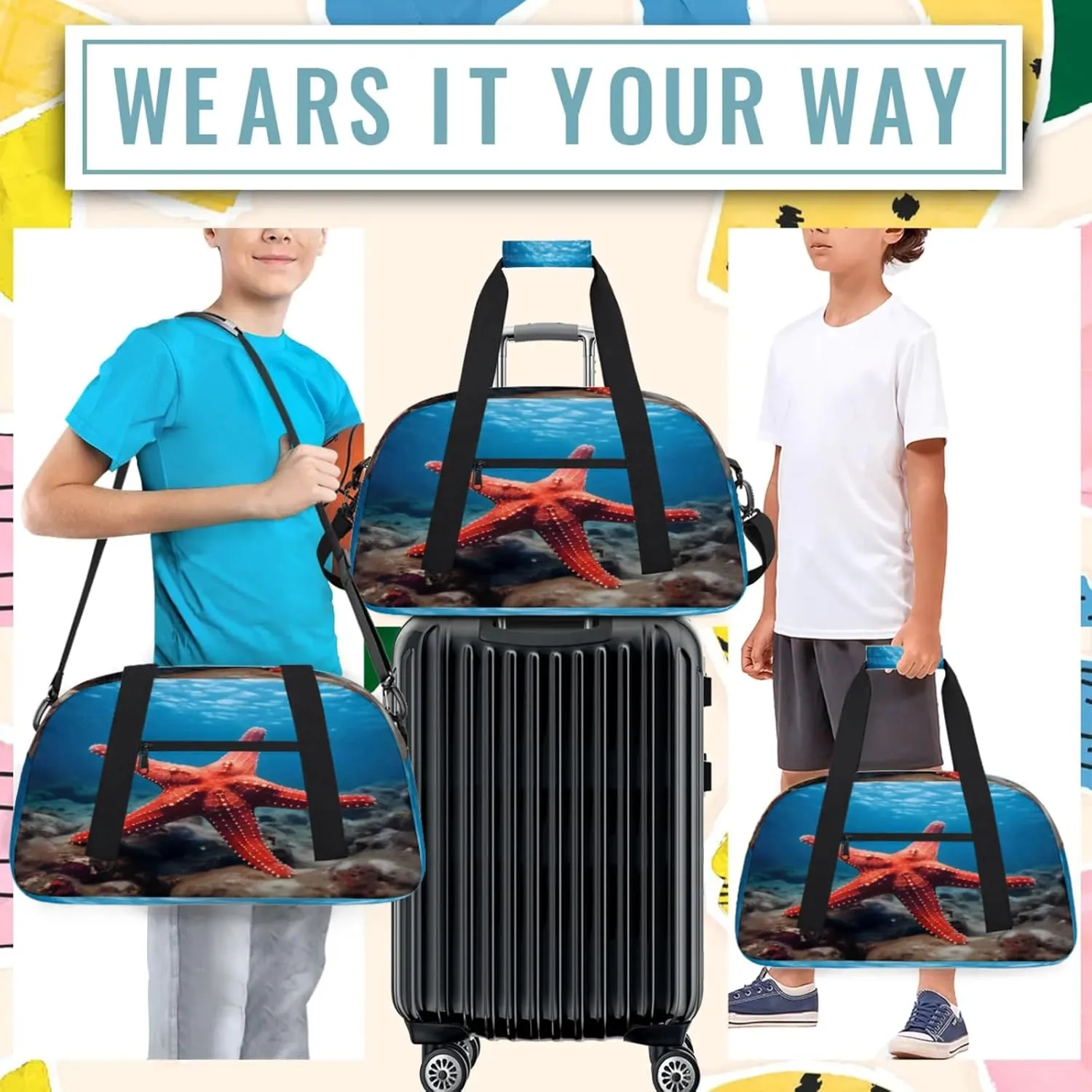 Ocean Sea Starfish Small Gym Bag 18 inch Carry On Duffel Bag for Weekender Travel Sports Workout Yoga Gymnastics Dance Ballet