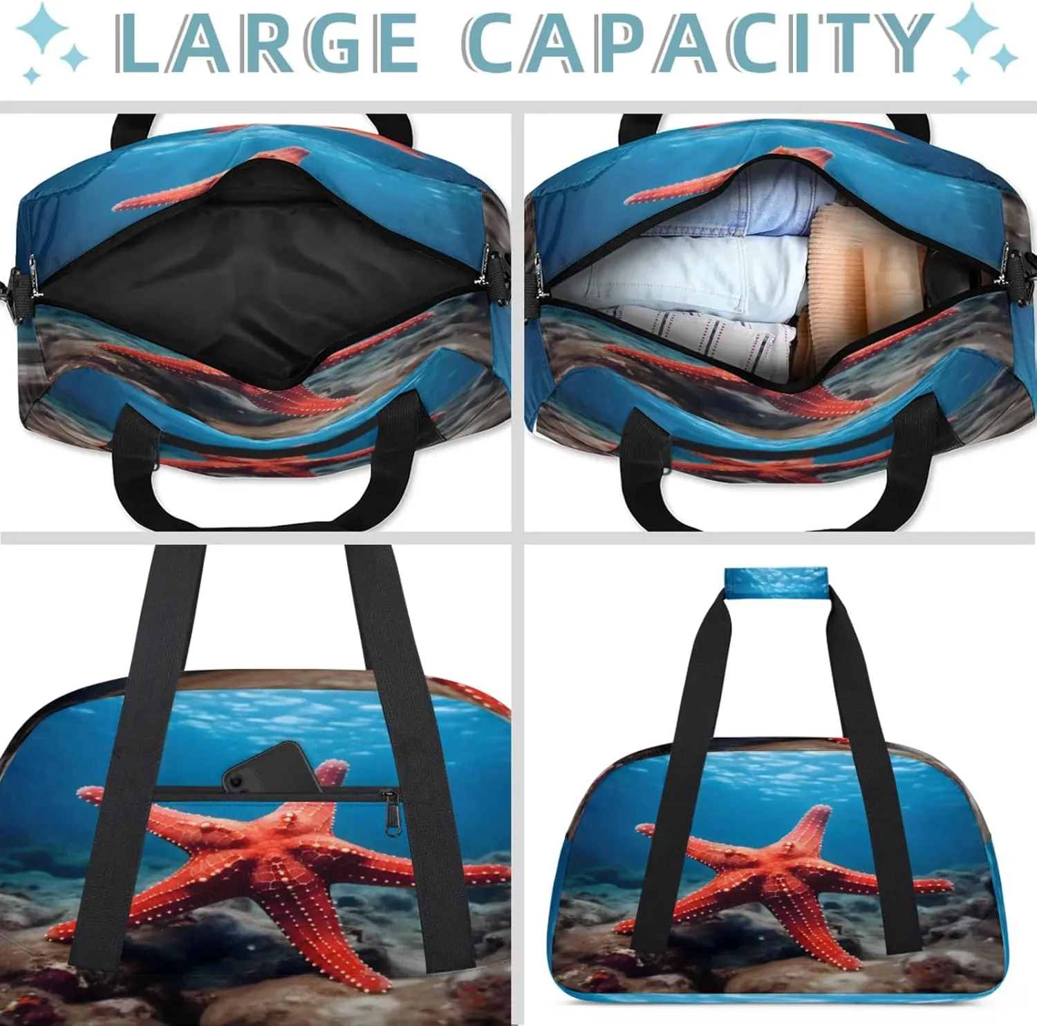 Ocean Sea Starfish Small Gym Bag 18 inch Carry On Duffel Bag for Weekender Travel Sports Workout Yoga Gymnastics Dance Ballet