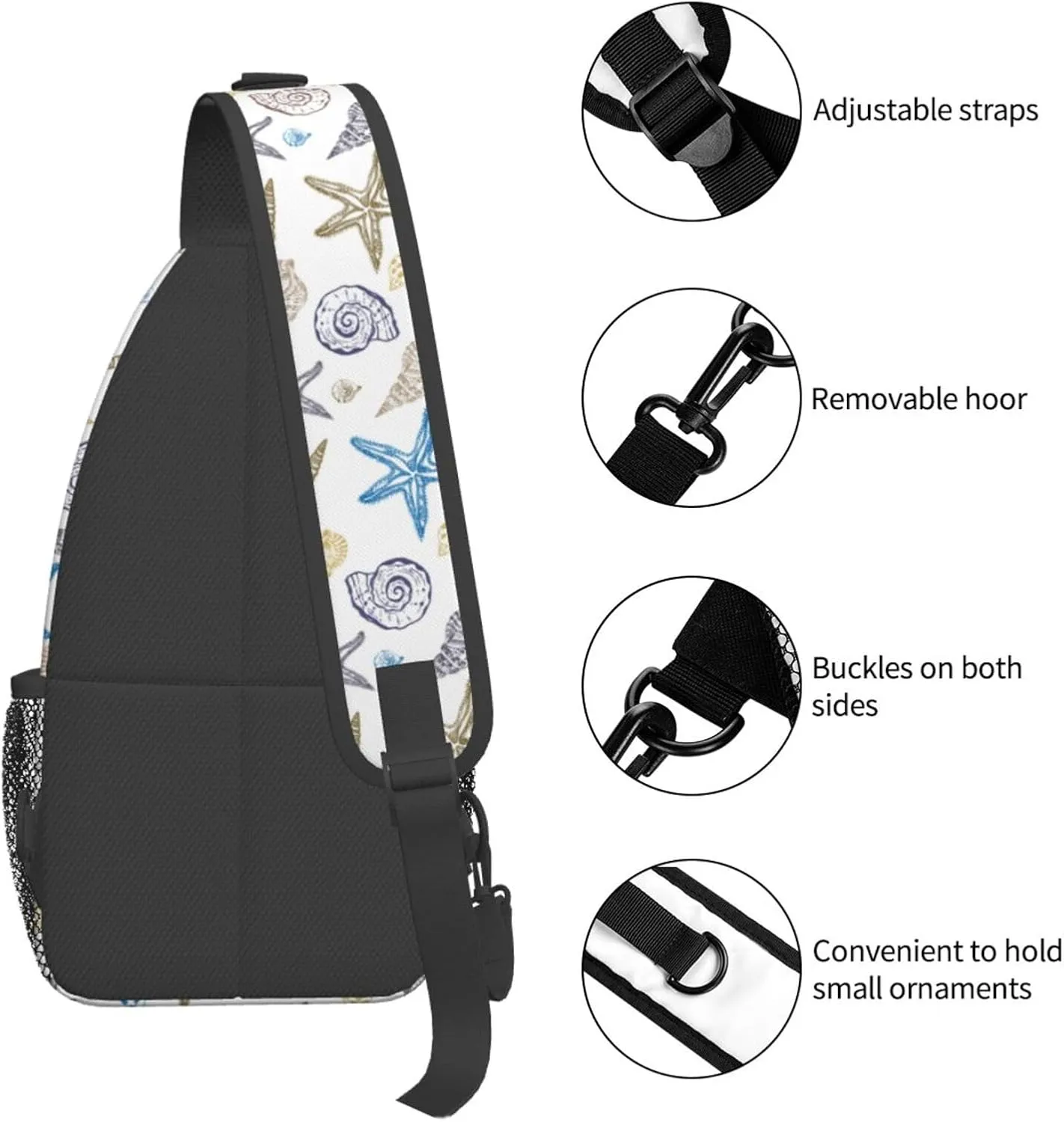 Ocean Seashell Sling Bag Crossbody Backpack,Set of Seashells Starfish Marine Life Doodle Style Chest Bag Casual Shoulder Backpack Summer Beach Theme Travel Hiking Daypack for Women Men
