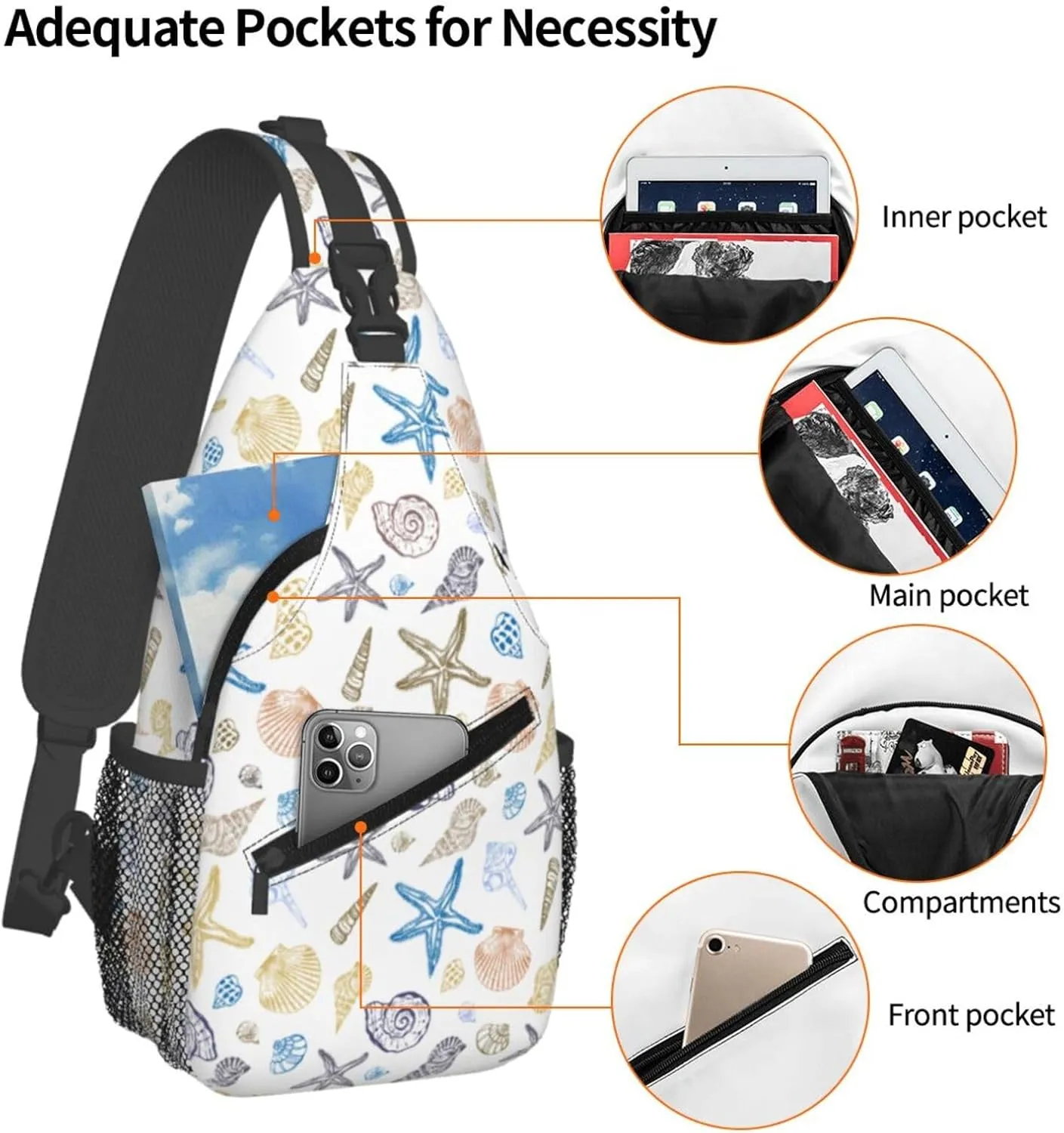 Ocean Seashell Sling Bag Crossbody Backpack,Set of Seashells Starfish Marine Life Doodle Style Chest Bag Casual Shoulder Backpack Summer Beach Theme Travel Hiking Daypack for Women Men