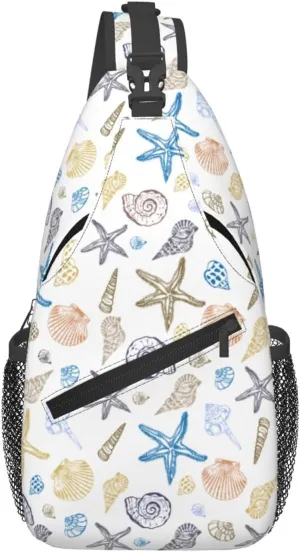 Ocean Seashell Sling Bag Crossbody Backpack,Set of Seashells Starfish Marine Life Doodle Style Chest Bag Casual Shoulder Backpack Summer Beach Theme Travel Hiking Daypack for Women Men
