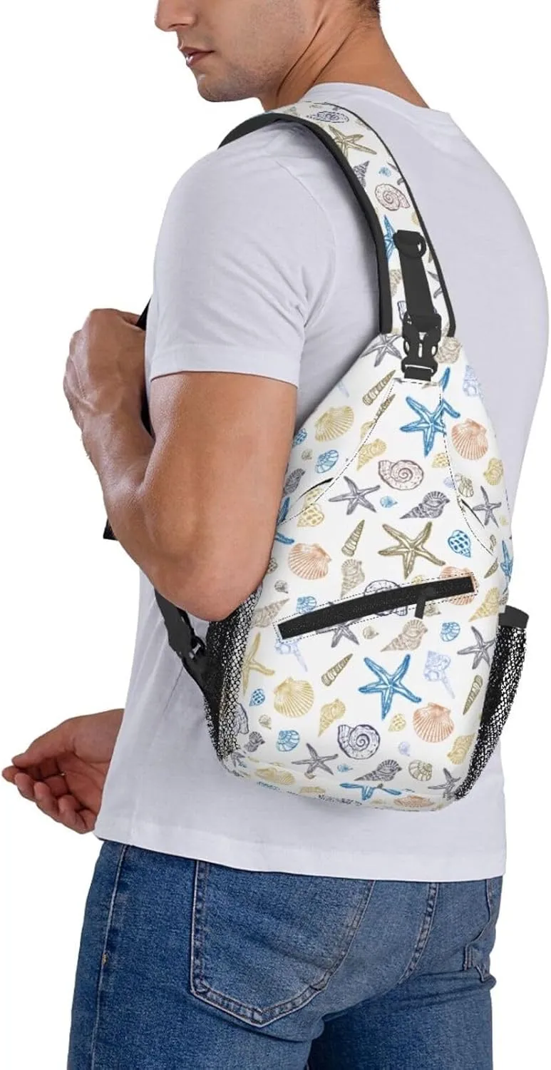 Ocean Seashell Sling Bag Crossbody Backpack,Set of Seashells Starfish Marine Life Doodle Style Chest Bag Casual Shoulder Backpack Summer Beach Theme Travel Hiking Daypack for Women Men