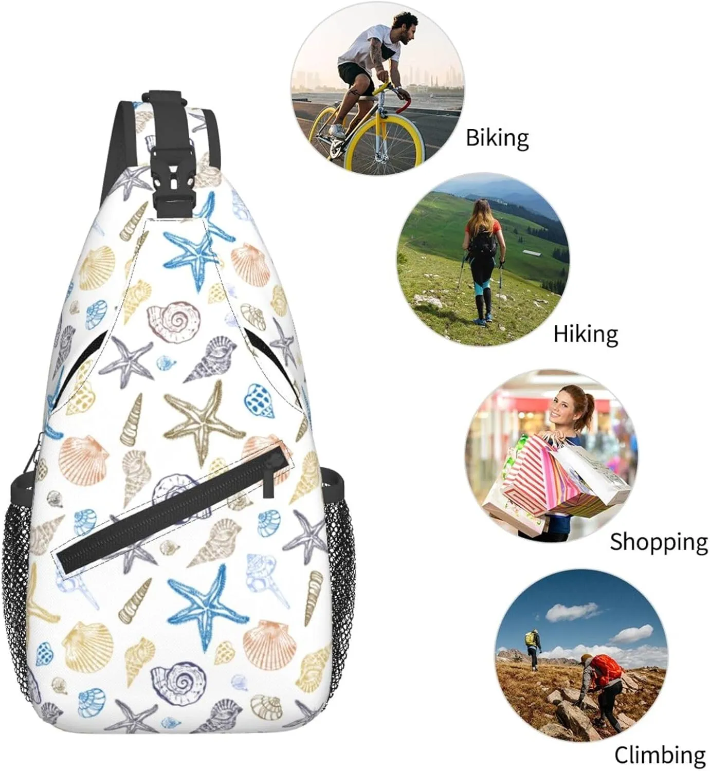 Ocean Seashell Sling Bag Crossbody Backpack,Set of Seashells Starfish Marine Life Doodle Style Chest Bag Casual Shoulder Backpack Summer Beach Theme Travel Hiking Daypack for Women Men