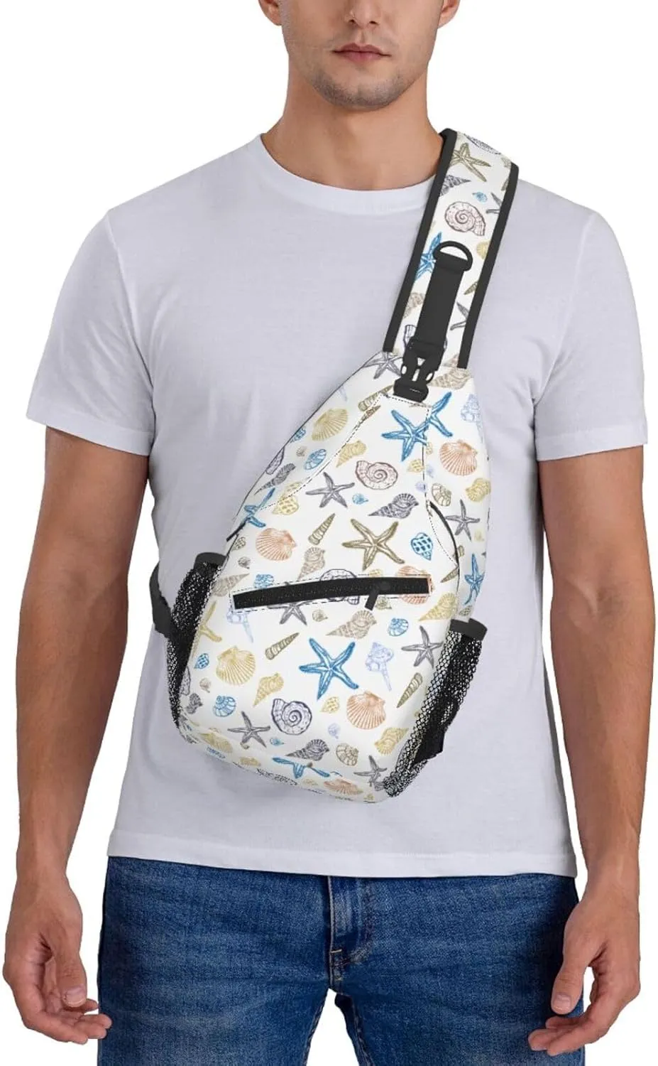 Ocean Seashell Sling Bag Crossbody Backpack,Set of Seashells Starfish Marine Life Doodle Style Chest Bag Casual Shoulder Backpack Summer Beach Theme Travel Hiking Daypack for Women Men