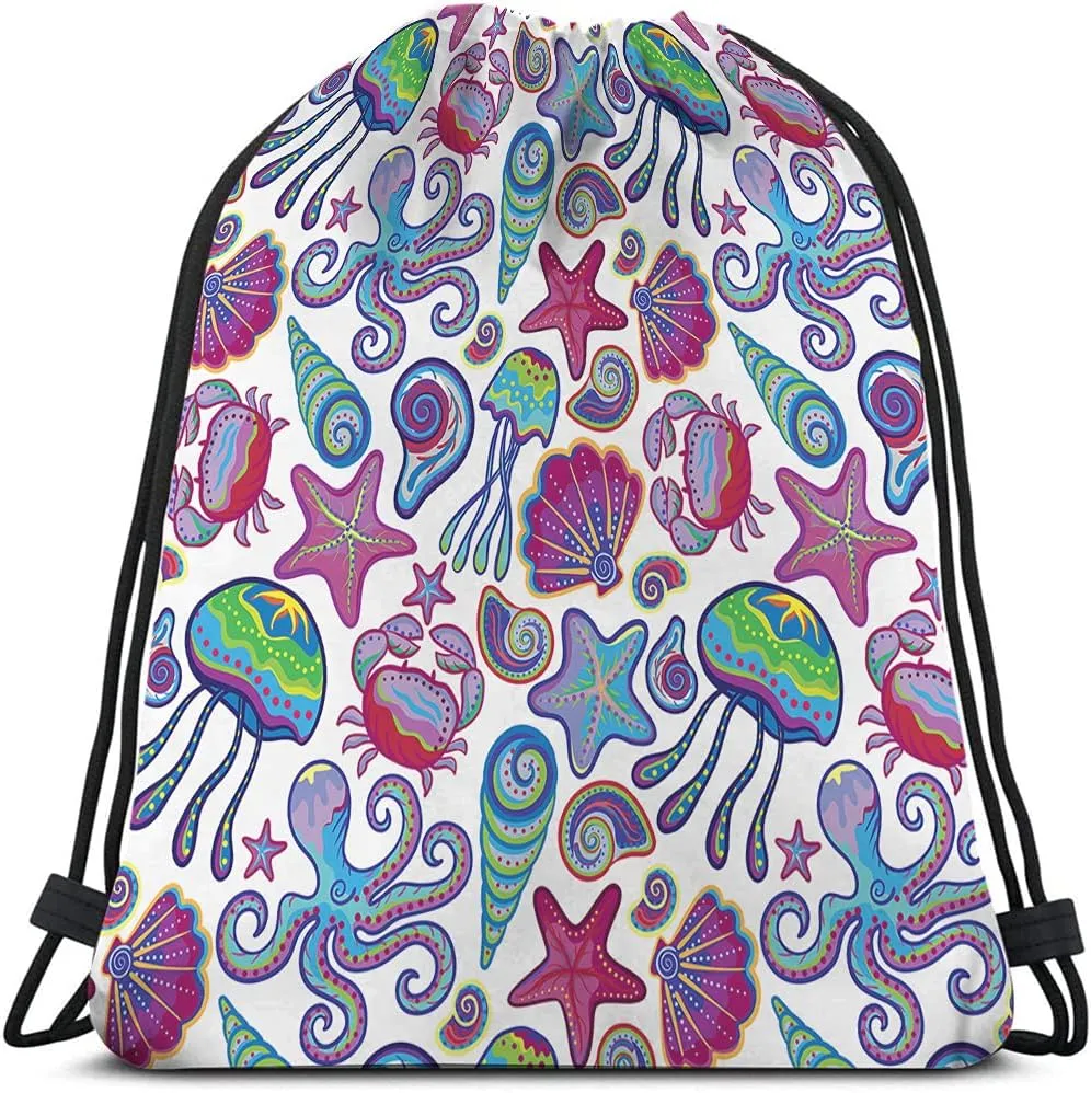 Ocean Theme Drawstring Bags Backpack Bag Coastal Animal Jellyfish Shells Octopus Starfish Crabs Summer Beach Sport Gym Sack Drawstring Bag String Bag Yoga Bag for Men Women