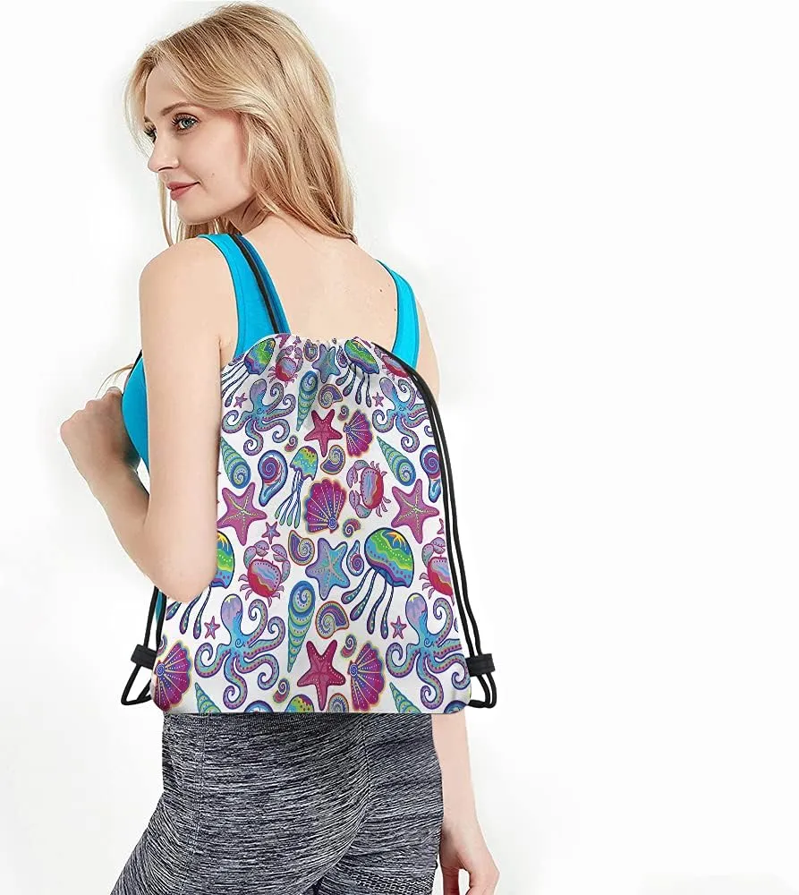 Ocean Theme Drawstring Bags Backpack Bag Coastal Animal Jellyfish Shells Octopus Starfish Crabs Summer Beach Sport Gym Sack Drawstring Bag String Bag Yoga Bag for Men Women