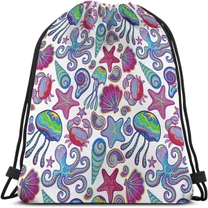 Ocean Theme Drawstring Bags Backpack Bag Coastal Animal Jellyfish Shells Octopus Starfish Crabs Summer Beach Sport Gym Sack Drawstring Bag String Bag Yoga Bag for Men Women