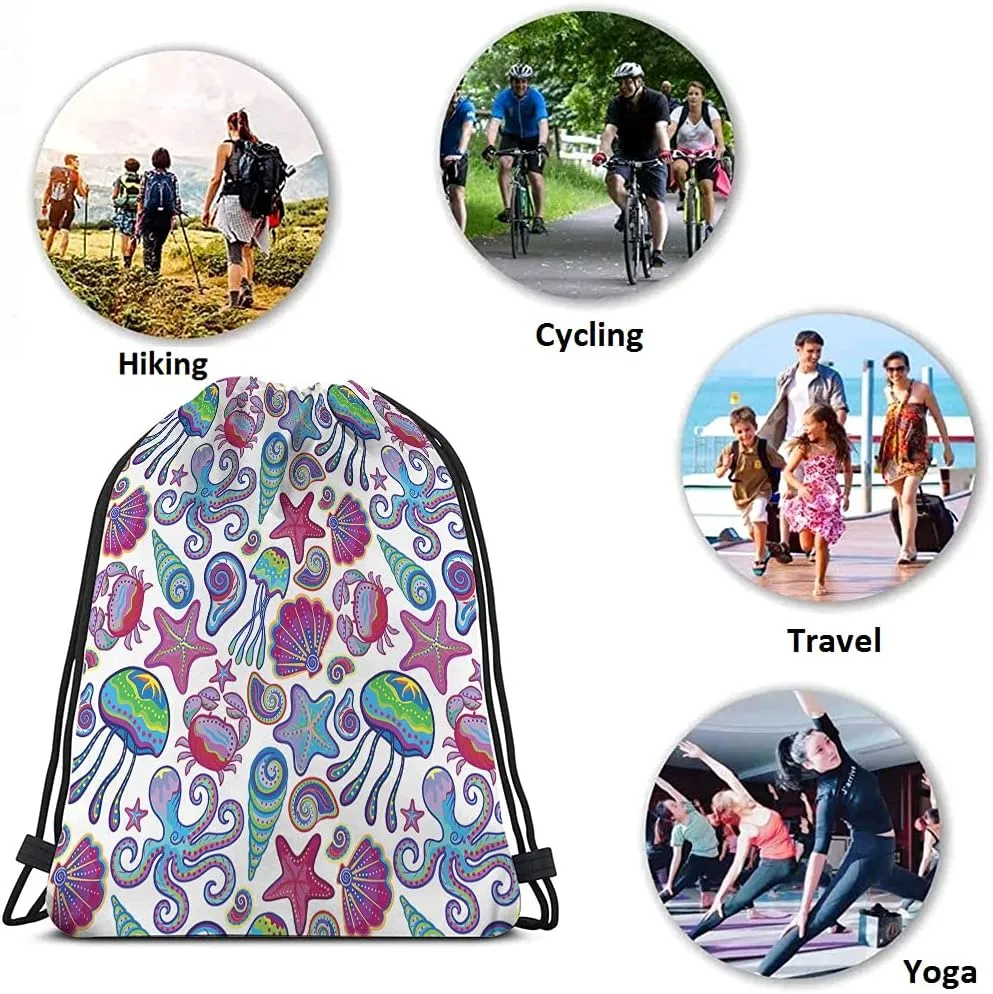 Ocean Theme Drawstring Bags Backpack Bag Coastal Animal Jellyfish Shells Octopus Starfish Crabs Summer Beach Sport Gym Sack Drawstring Bag String Bag Yoga Bag for Men Women