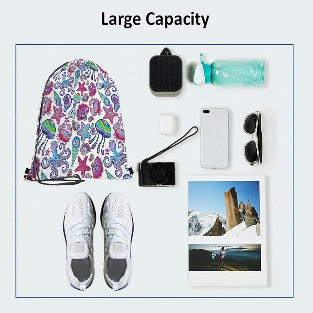 Ocean Theme Drawstring Bags Backpack Bag Coastal Animal Jellyfish Shells Octopus Starfish Crabs Summer Beach Sport Gym Sack Drawstring Bag String Bag Yoga Bag for Men Women