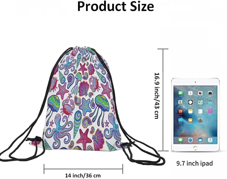 Ocean Theme Drawstring Bags Backpack Bag Coastal Animal Jellyfish Shells Octopus Starfish Crabs Summer Beach Sport Gym Sack Drawstring Bag String Bag Yoga Bag for Men Women