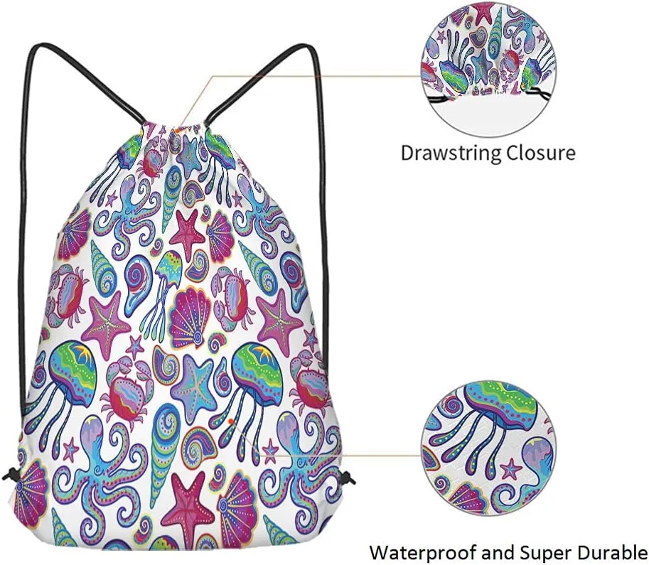 Ocean Theme Drawstring Bags Backpack Bag Coastal Animal Jellyfish Shells Octopus Starfish Crabs Summer Beach Sport Gym Sack Drawstring Bag String Bag Yoga Bag for Men Women