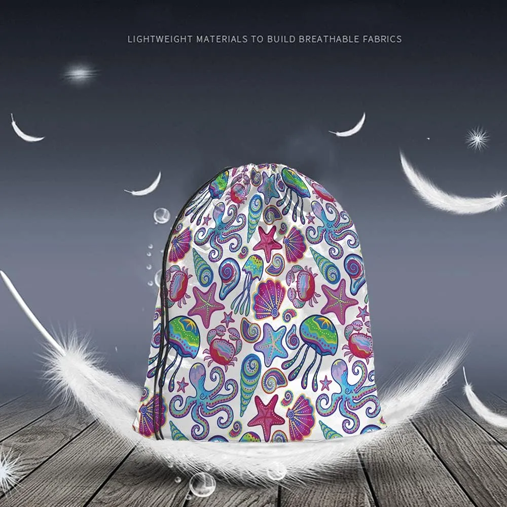 Ocean Theme Drawstring Bags Backpack Bag Coastal Animal Jellyfish Shells Octopus Starfish Crabs Summer Beach Sport Gym Sack Drawstring Bag String Bag Yoga Bag for Men Women