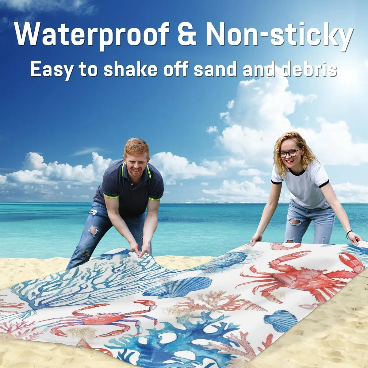 Ocean Themed Beach Blanket, Sandproof Beach Mat, Adults Waterproof Quick Drying Sand Free Mat with 4 x Ground Spikes for Outdoor Travel Camping Hiking, Starfish Seashell Crab