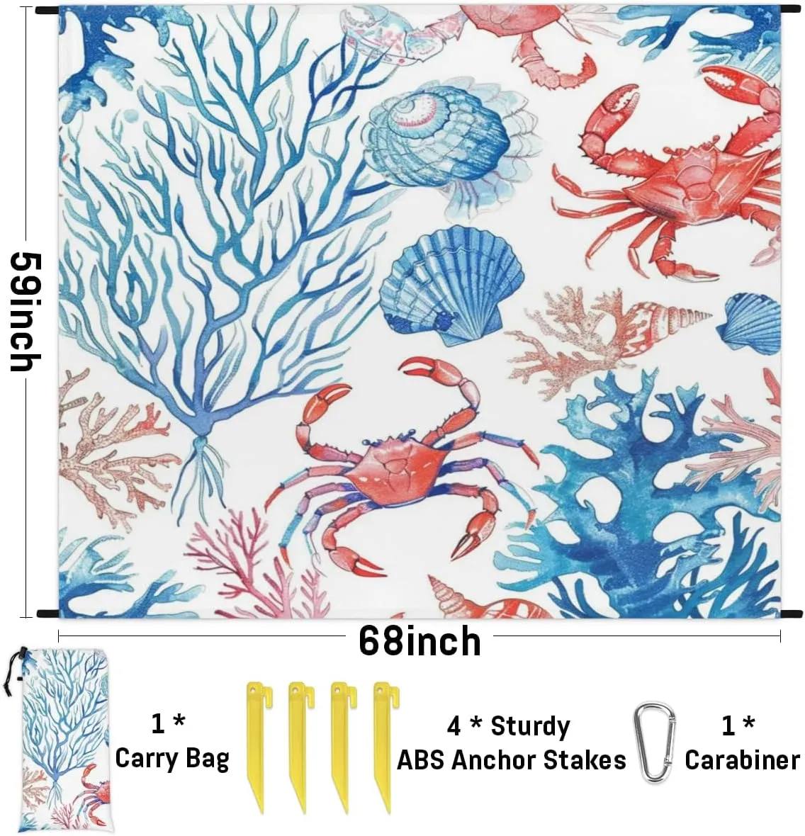Ocean Themed Beach Blanket, Sandproof Beach Mat, Adults Waterproof Quick Drying Sand Free Mat with 4 x Ground Spikes for Outdoor Travel Camping Hiking, Starfish Seashell Crab