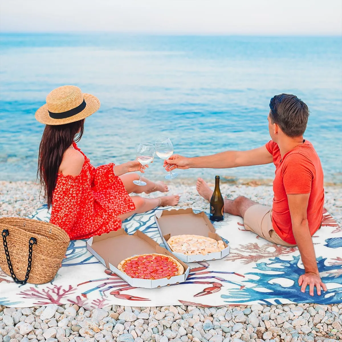 Ocean Themed Beach Blanket, Sandproof Beach Mat, Adults Waterproof Quick Drying Sand Free Mat with 4 x Ground Spikes for Outdoor Travel Camping Hiking, Starfish Seashell Crab