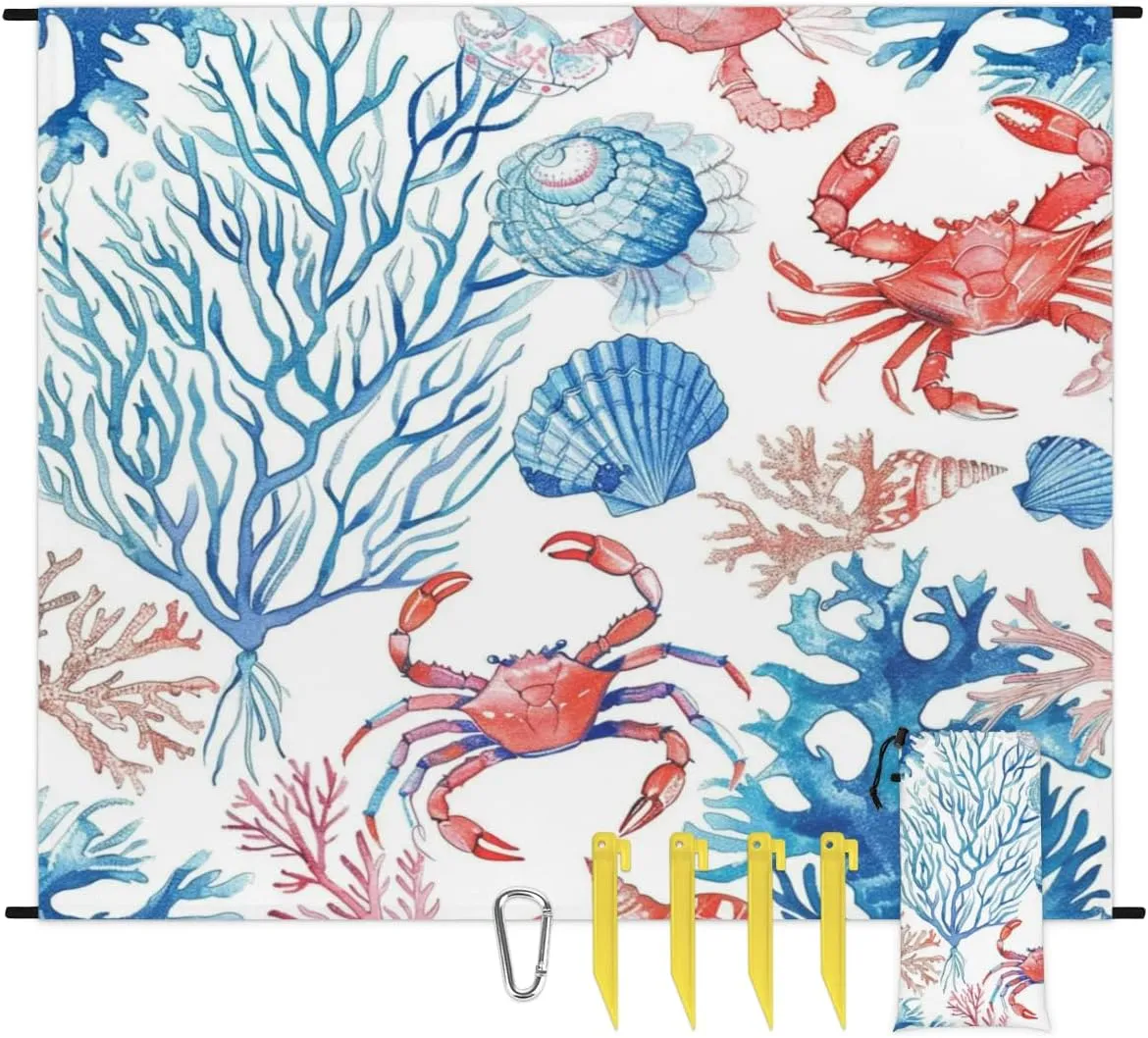 Ocean Themed Beach Blanket, Sandproof Beach Mat, Adults Waterproof Quick Drying Sand Free Mat with 4 x Ground Spikes for Outdoor Travel Camping Hiking, Starfish Seashell Crab
