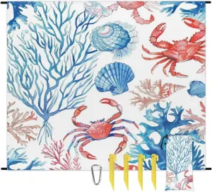 Ocean Themed Beach Blanket, Sandproof Beach Mat, Adults Waterproof Quick Drying Sand Free Mat with 4 x Ground Spikes for Outdoor Travel Camping Hiking, Starfish Seashell Crab