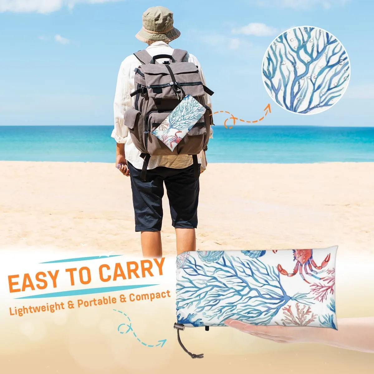 Ocean Themed Beach Blanket, Sandproof Beach Mat, Adults Waterproof Quick Drying Sand Free Mat with 4 x Ground Spikes for Outdoor Travel Camping Hiking, Starfish Seashell Crab