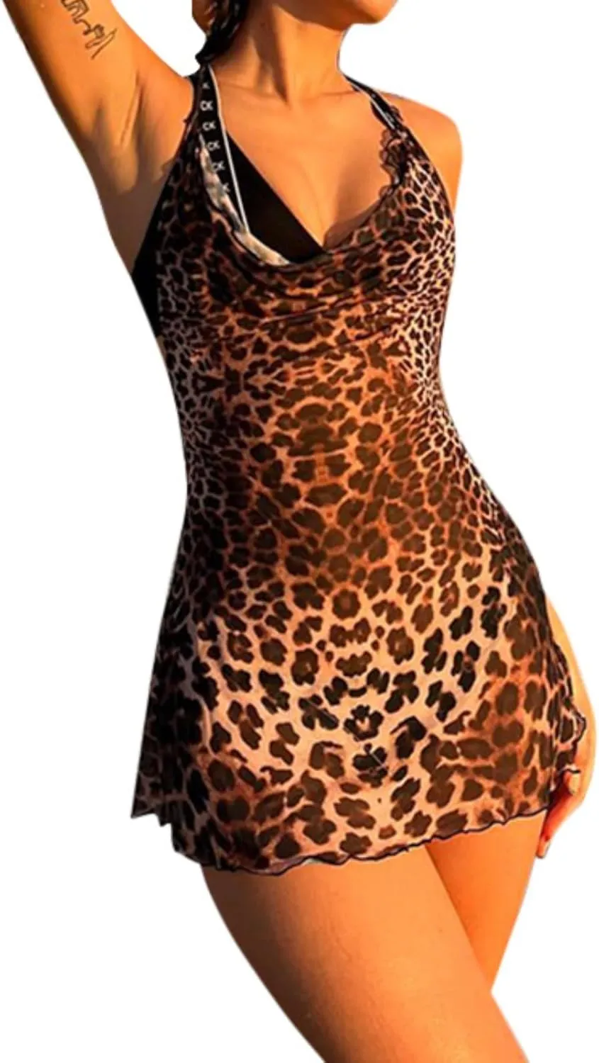 OCUH Y2K Leopard Printed Maxi Dress Backless Skinny Spaghetti Strap Lace-up Slim Vintage