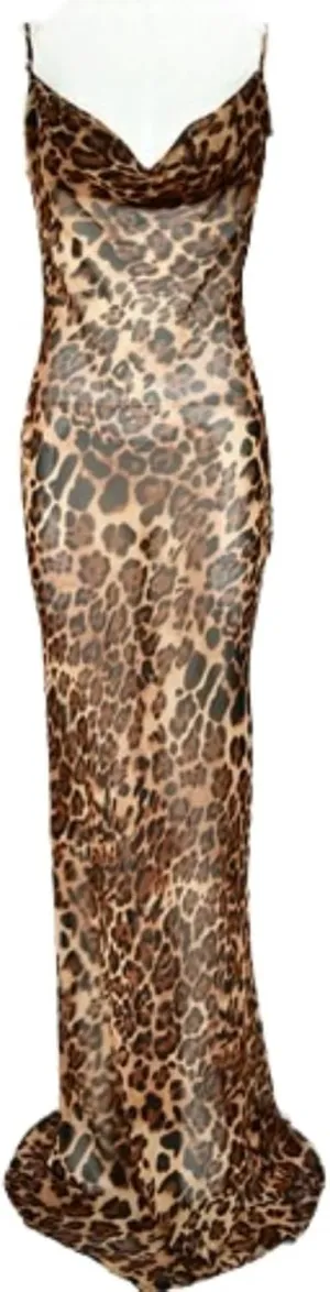OCUH Y2K Leopard Printed Maxi Dress Backless Skinny Spaghetti Strap Lace-up Slim Vintage