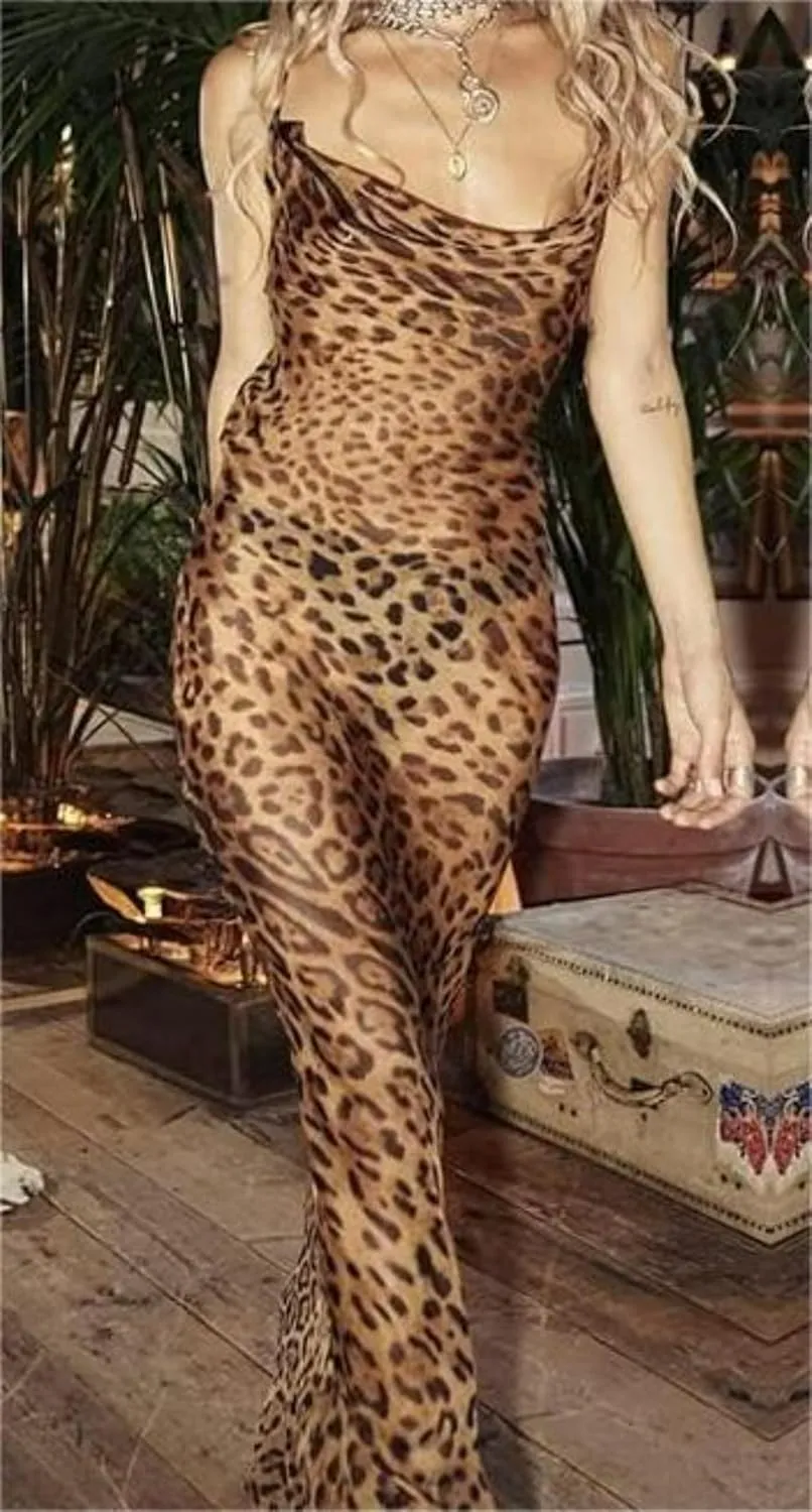 OCUH Y2K Leopard Printed Maxi Dress Backless Skinny Spaghetti Strap Lace-up Slim Vintage