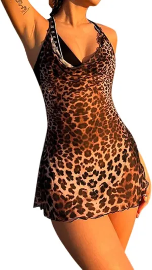 OCUH Y2K Leopard Printed Maxi Dress Backless Skinny Spaghetti Strap Lace-up Slim Vintage