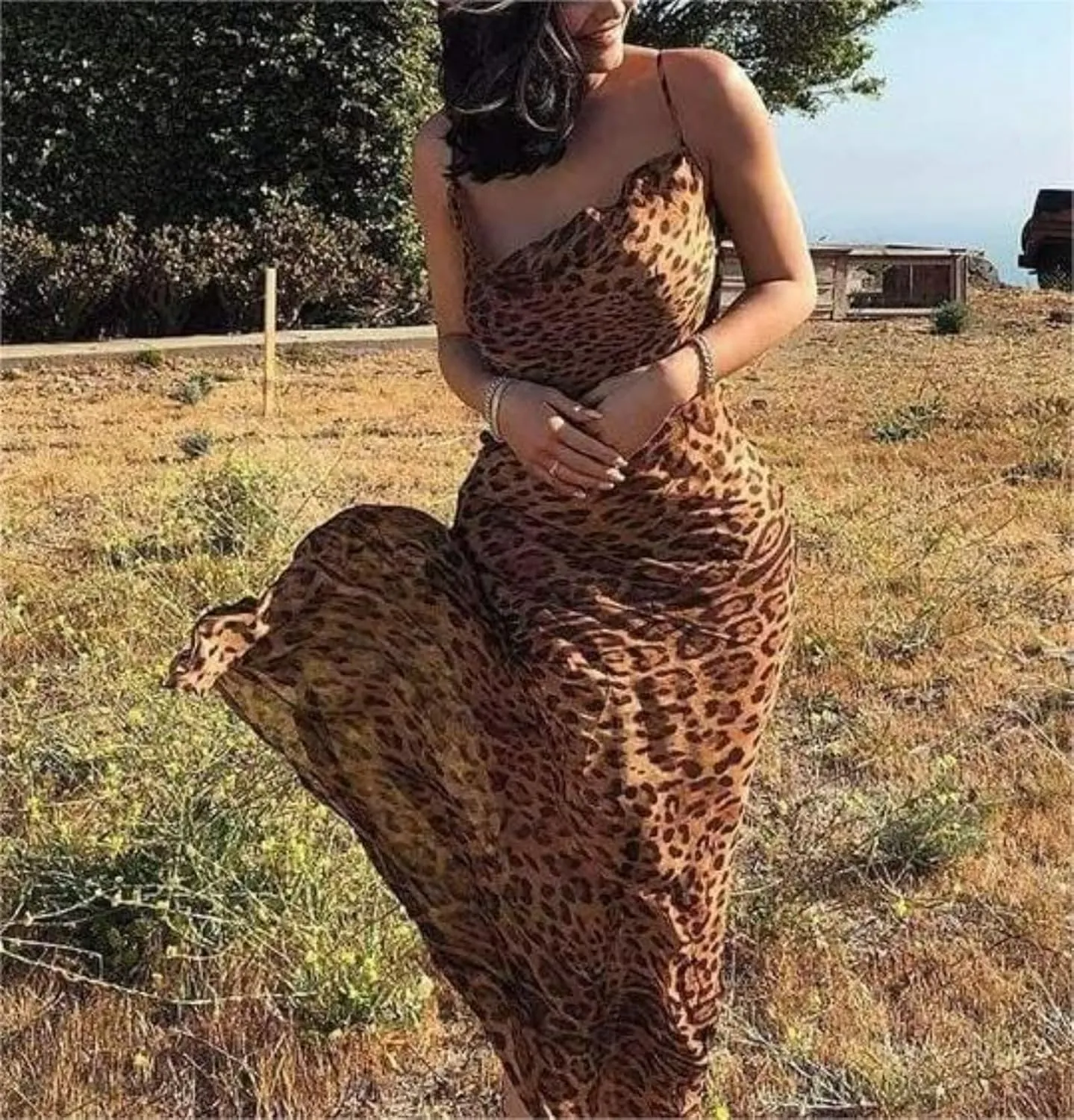 OCUH Y2K Leopard Printed Maxi Dress Backless Skinny Spaghetti Strap Lace-up Slim Vintage