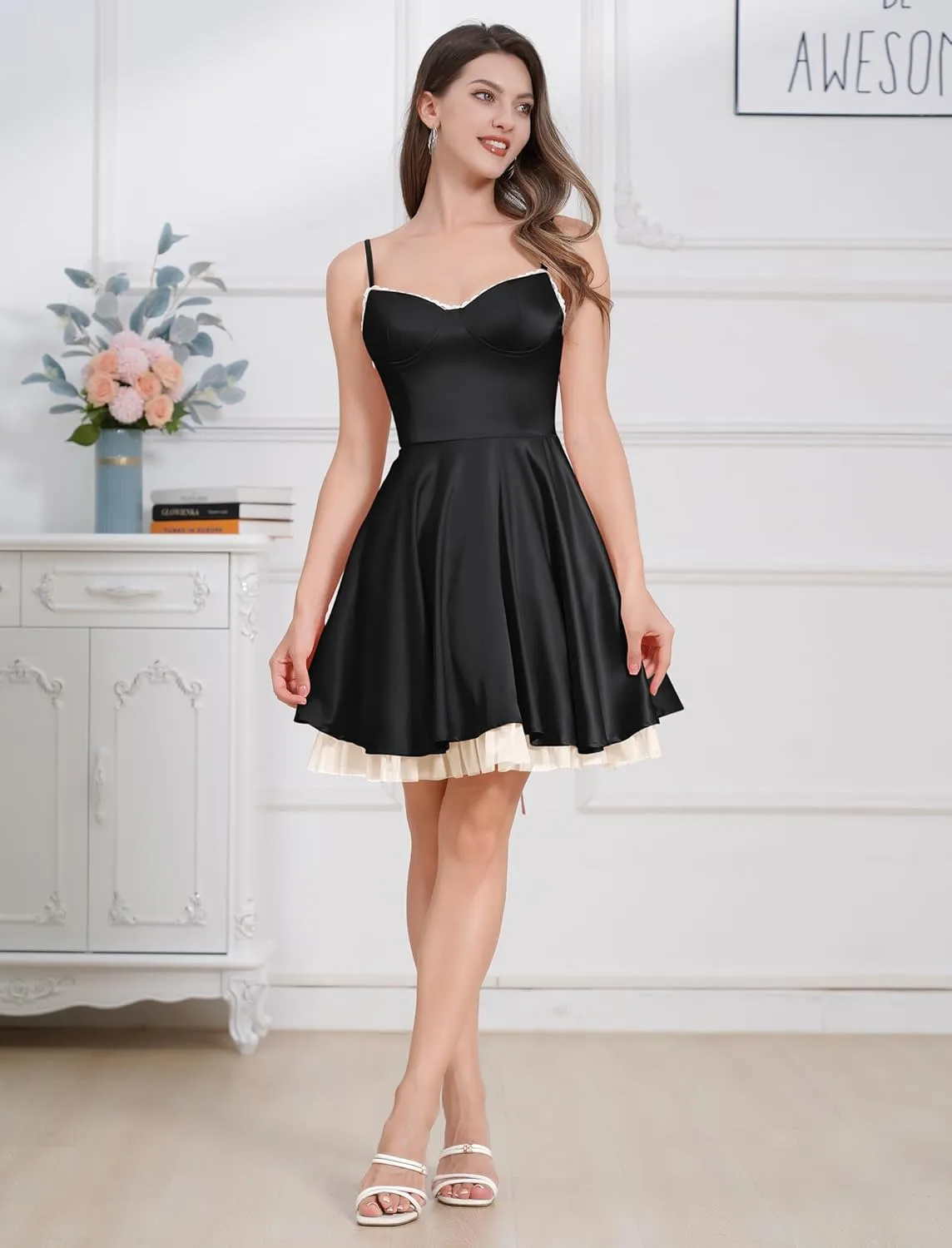 ODIZLI Women's Satin Short Corset Mini Short Dress Sleeveless Sweetheart Neckline Ruffle Party Dress Summer with Pockets