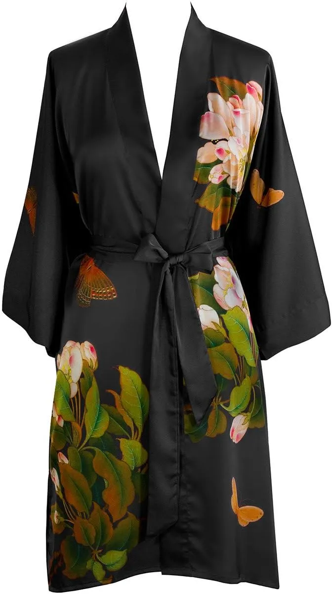 OLDSHANGHAI Women's Charmeuse Kimono Robe Short - Watercolor Floral - Peony & Butterfly- Black