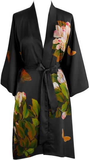OLDSHANGHAI Women's Charmeuse Kimono Robe Short - Watercolor Floral - Peony & Butterfly- Black